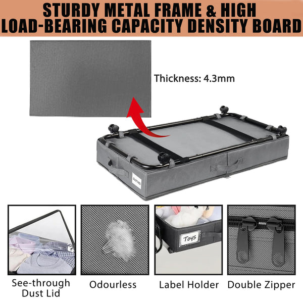 2 Pack Under Bed Storage Rolling Metal Frame Underbed Containers with Wheels Lid Visiable Window Storage Bag Box Organizer Home Closet Organization