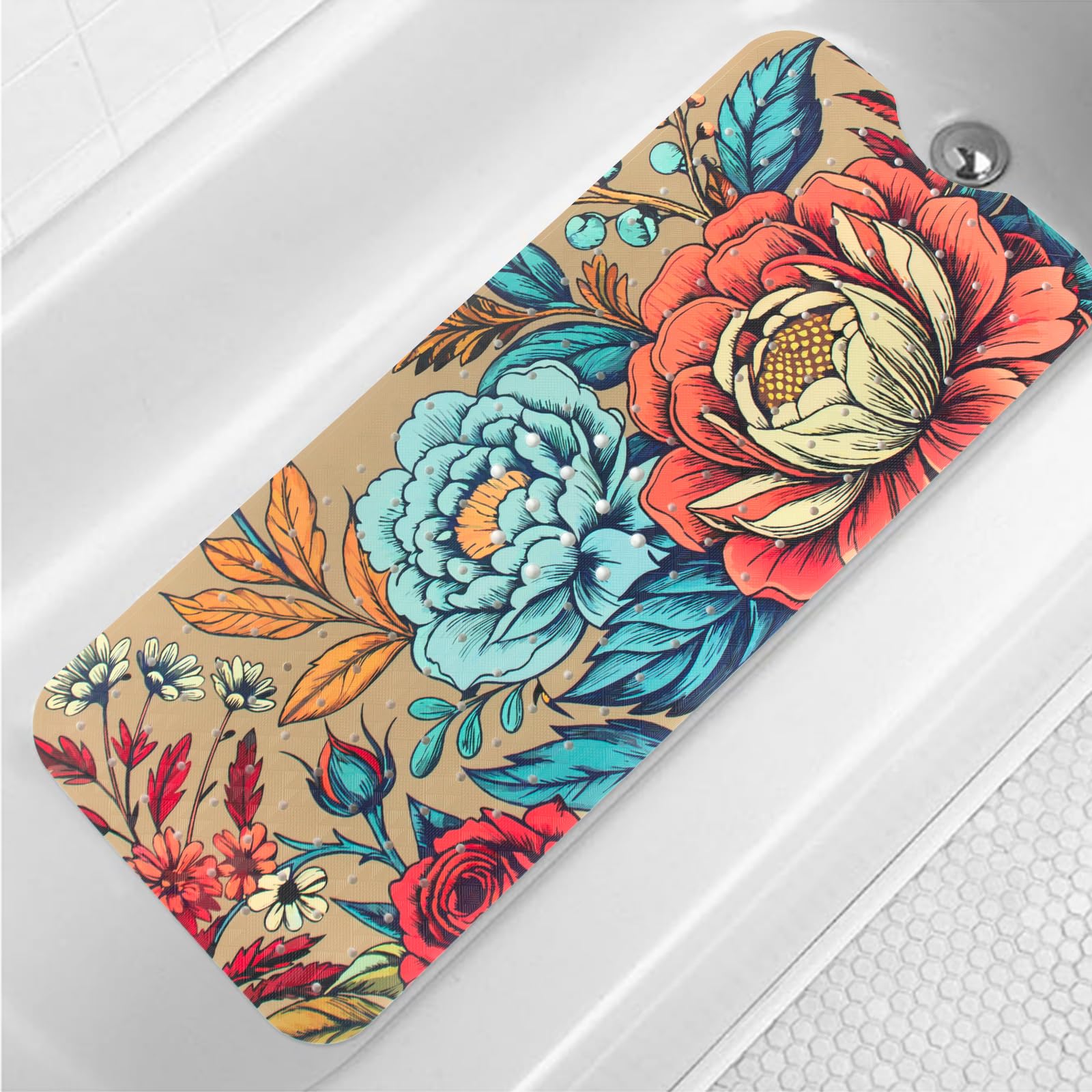 Floral Bathtub Mat Non Slip for Kids Botanical Extra Long Anti Slip Bath Mat for Tub Abstract Bath Shower Mat with Large Drain Holes and Suction Cups