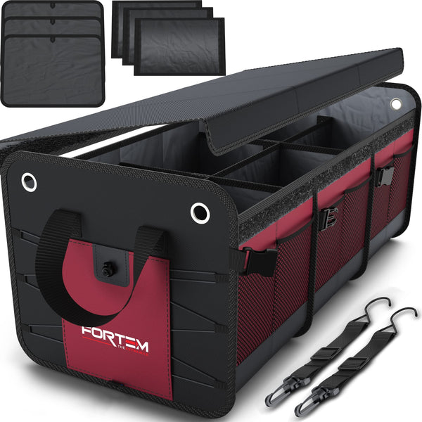 FORTEM Car Boot Organiser, SUV Boot Tidy, Trunk Storage, Collapsible Multi Compartment Car Organiser, Non Slip Bottom, Adjustable Securing Straps, Foldable Cover (65L)