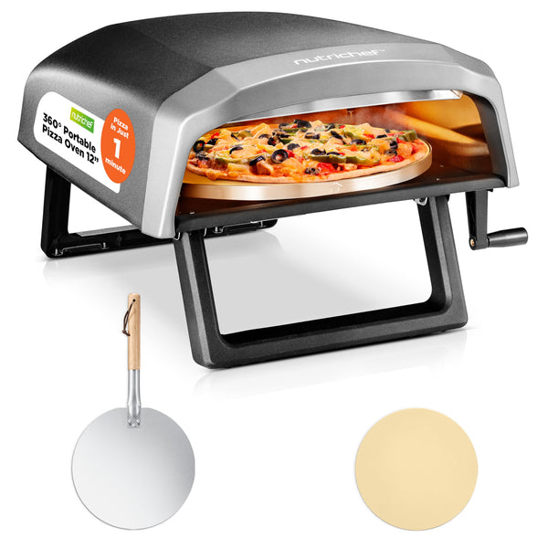 NutriChef Table Top Portable Outdoor Pizza Ovens – 12 inch Gas Pizza Oven, 360° Rotating Pizza Stone, Quick Heating Pizza Maker, Stainless Steel Pizza Grill, Ready Pizza in 60 Seconds, [Long Handle]