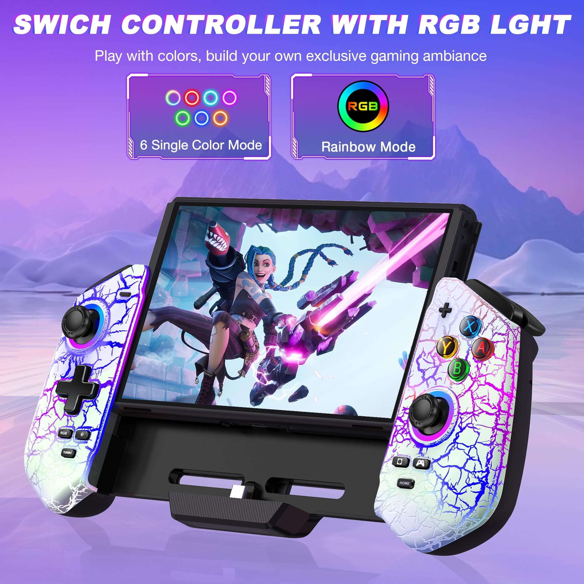 HELLCOOL Switch Pro Controller for Switch/OLED,Switch Controller for Handheld Grip with Hall Effect Joystick,One-Piece Switch Joycon with Turbo/Programmable/6-Axis/Vibration/RGB/4 Card Slot(Black)