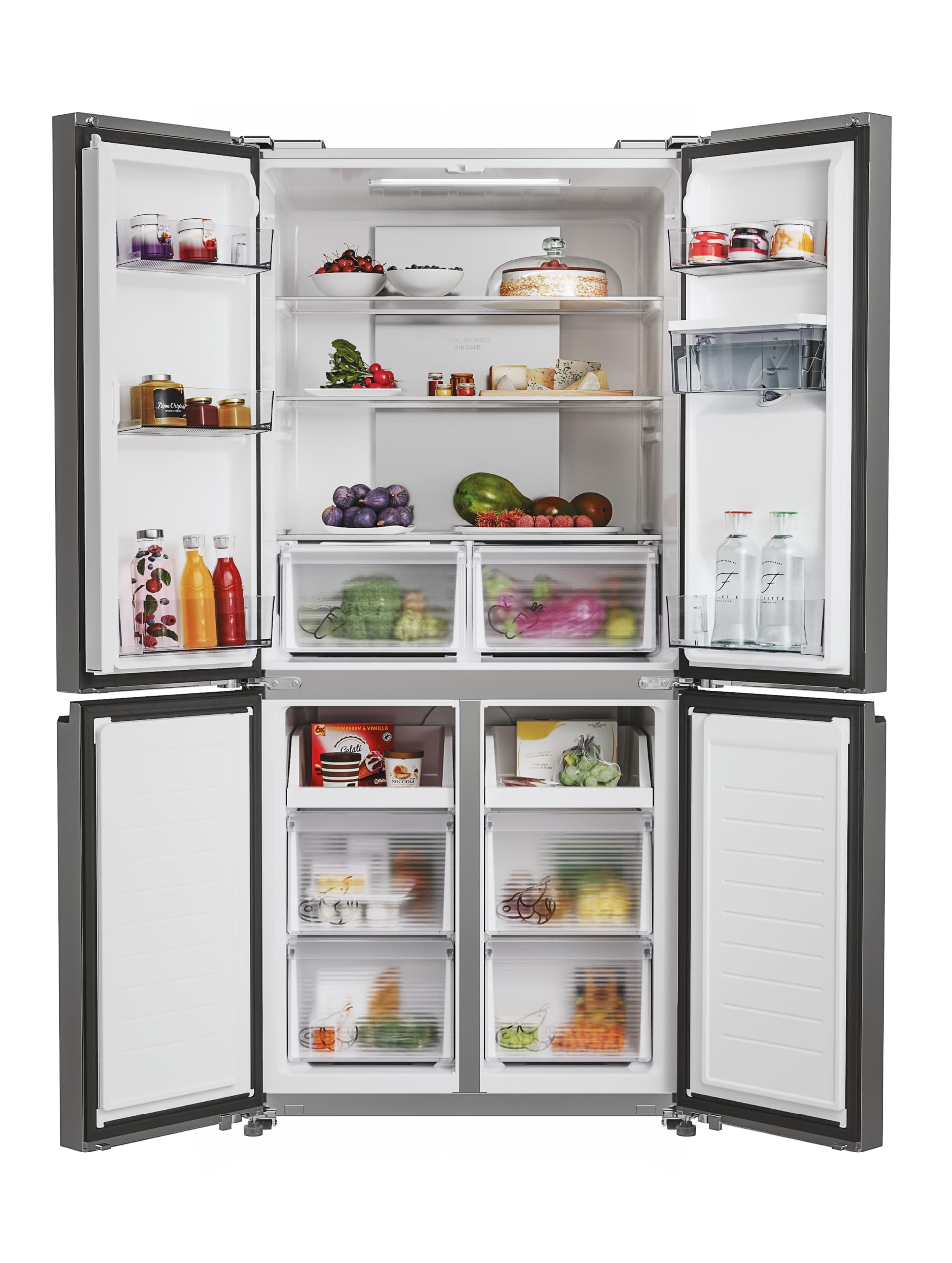Hoover Free Standing Cube Fridge Freezer, 4 Doors, No Frost, E Class, 463L Total Capacity, Non Plumbed, Silver 83x65x181cm - HHCR3818EWPL