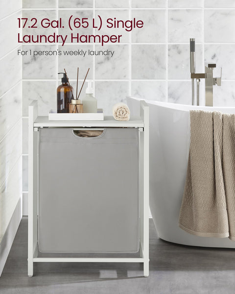 VASAGLE Laundry Basket, Laundry Hamper, Pull-Out and Removable Liner Bag, Shelf, Metal Frame, 65 L, 50 x 33 x 72 cm, Ink Black and Rustic Brown BLH101B01