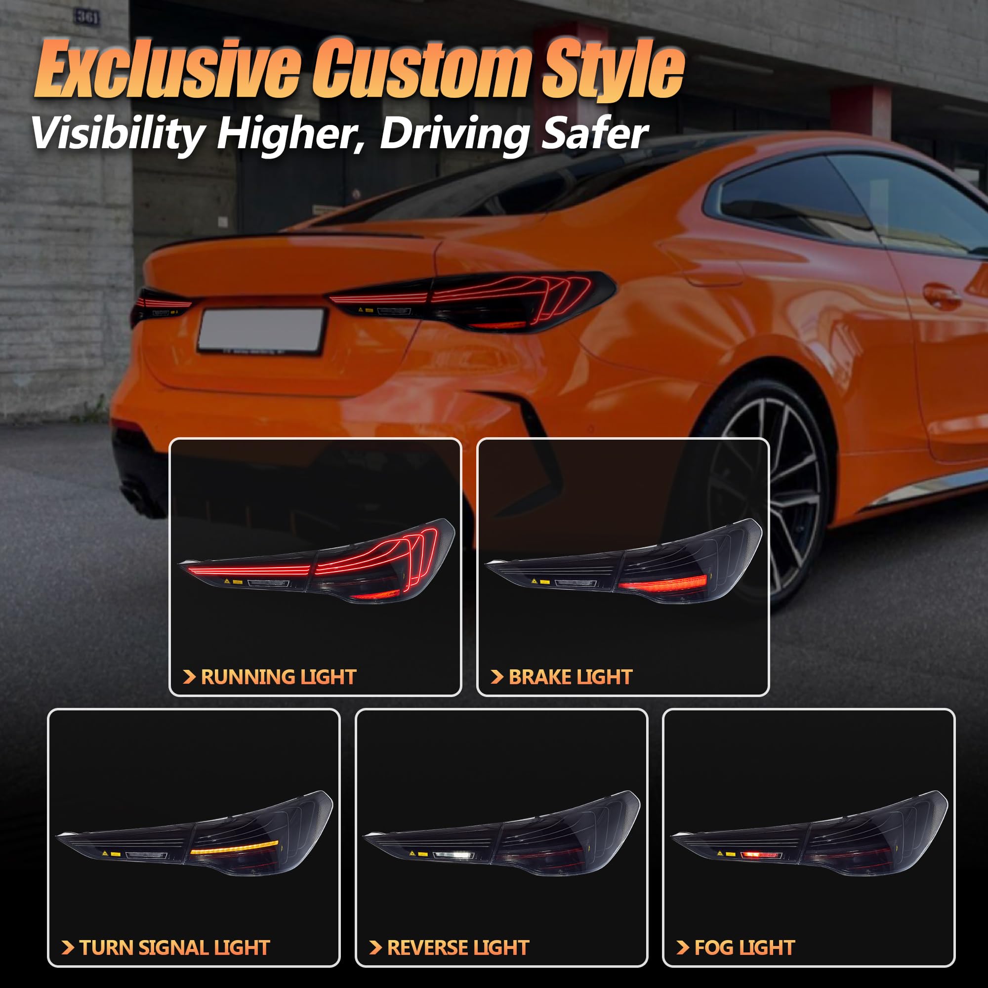 VLAND OLED Rear Lights Compatible With 4 Series G22/G23/G26, M4 G82 G83 2021-2023, Tail Lights Assembly w/Startup dynamic display - Smoked