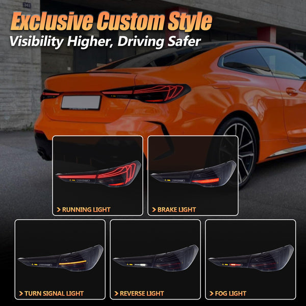 VLAND OLED Rear Lights Compatible With 4 Series G22/G23/G26, M4 G82 G83 2021-2023, Tail Lights Assembly w/Startup dynamic display - Smoked