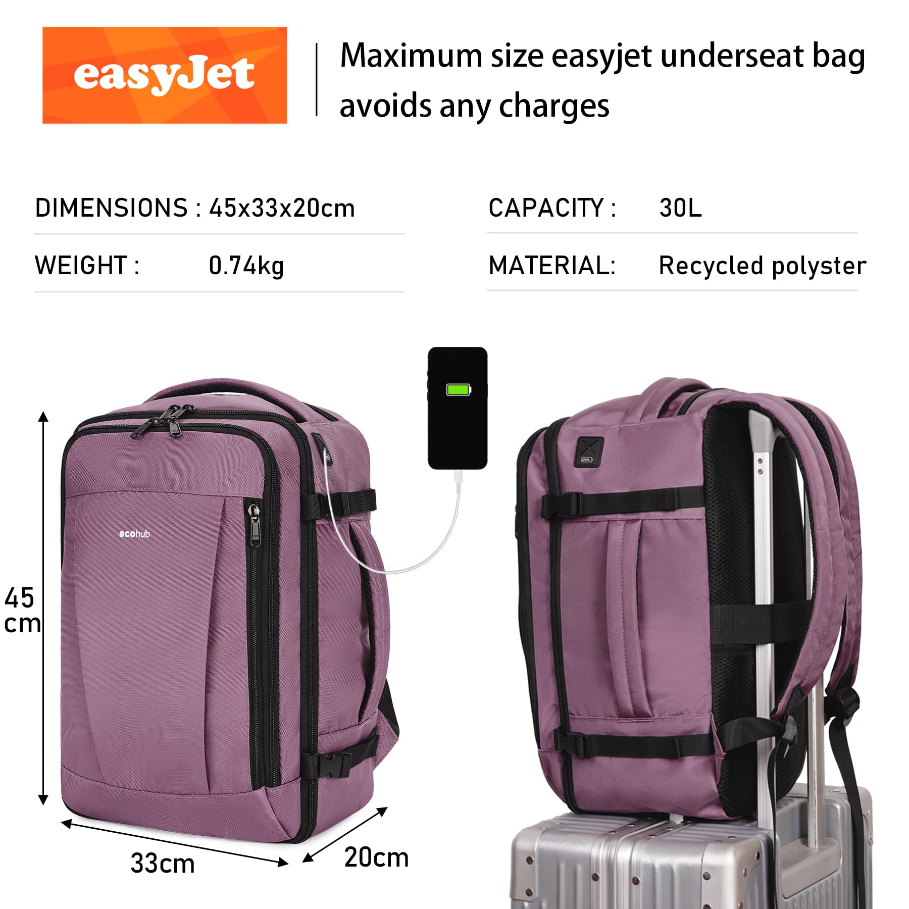 ECOHUB Easyjet Cabin Bag 45x36x20 Underseat Backpack Travel Rucksack 13 Pocket Hand Luggage Waterproof Recycled PET Eco Friendly Carry On Bag for Women & Men 30L Pink