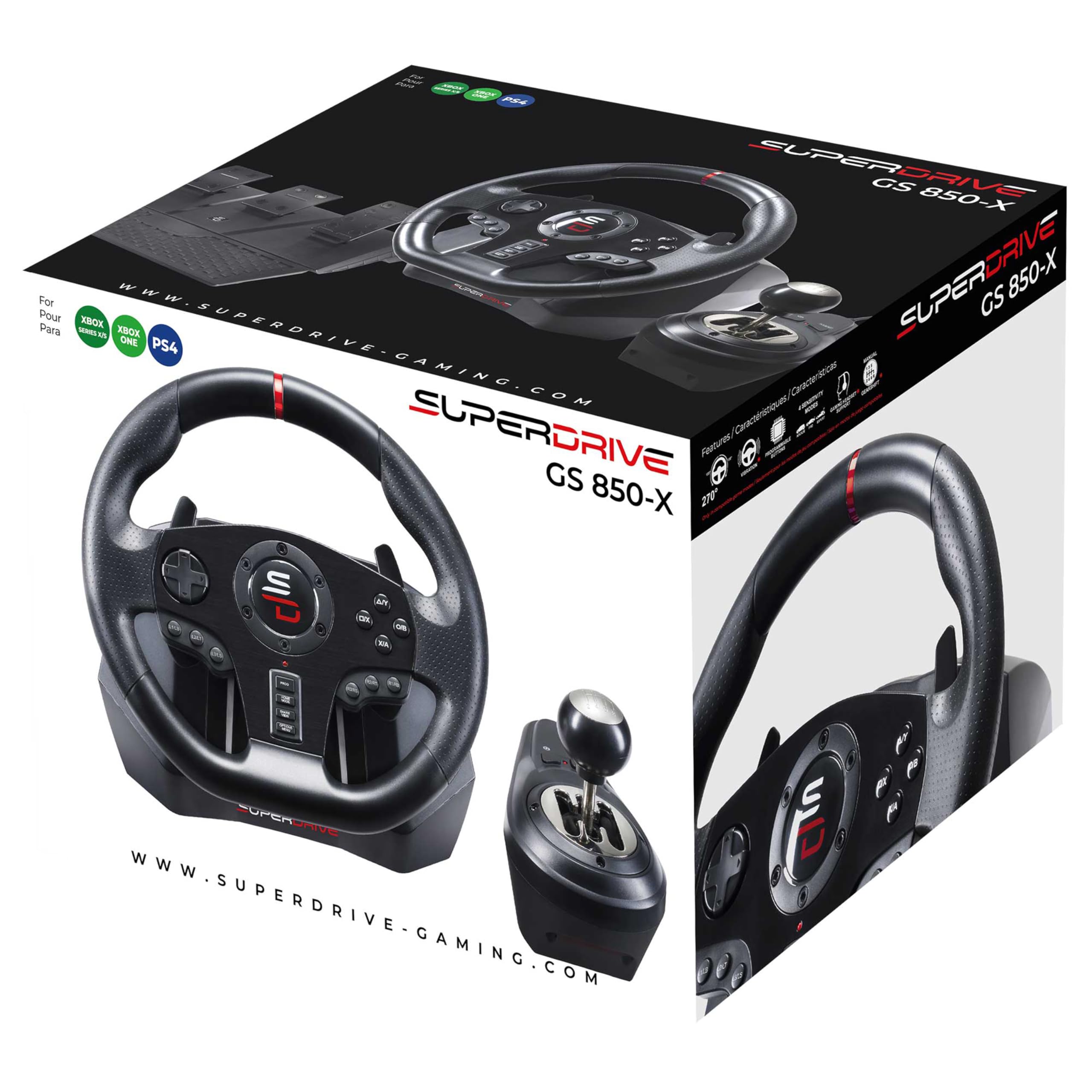 Subsonic Superdrive GS950X 900° racing wheel with manual shifter, 3 pedals and paddle shifters for Xbox Serie X/S, PS4, Xbox One (programmable)