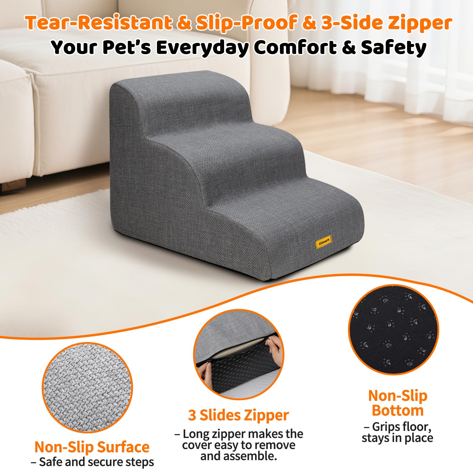 Gimars 30D High-Density Foam & Extra-Wide, Stable 3-Step Dog Stairs, 40cm High Pet Stairs with Washable Cover & Non-Slip Base, Portable Ramp for Small Dogs to Sofa, Bed, Couch, Car