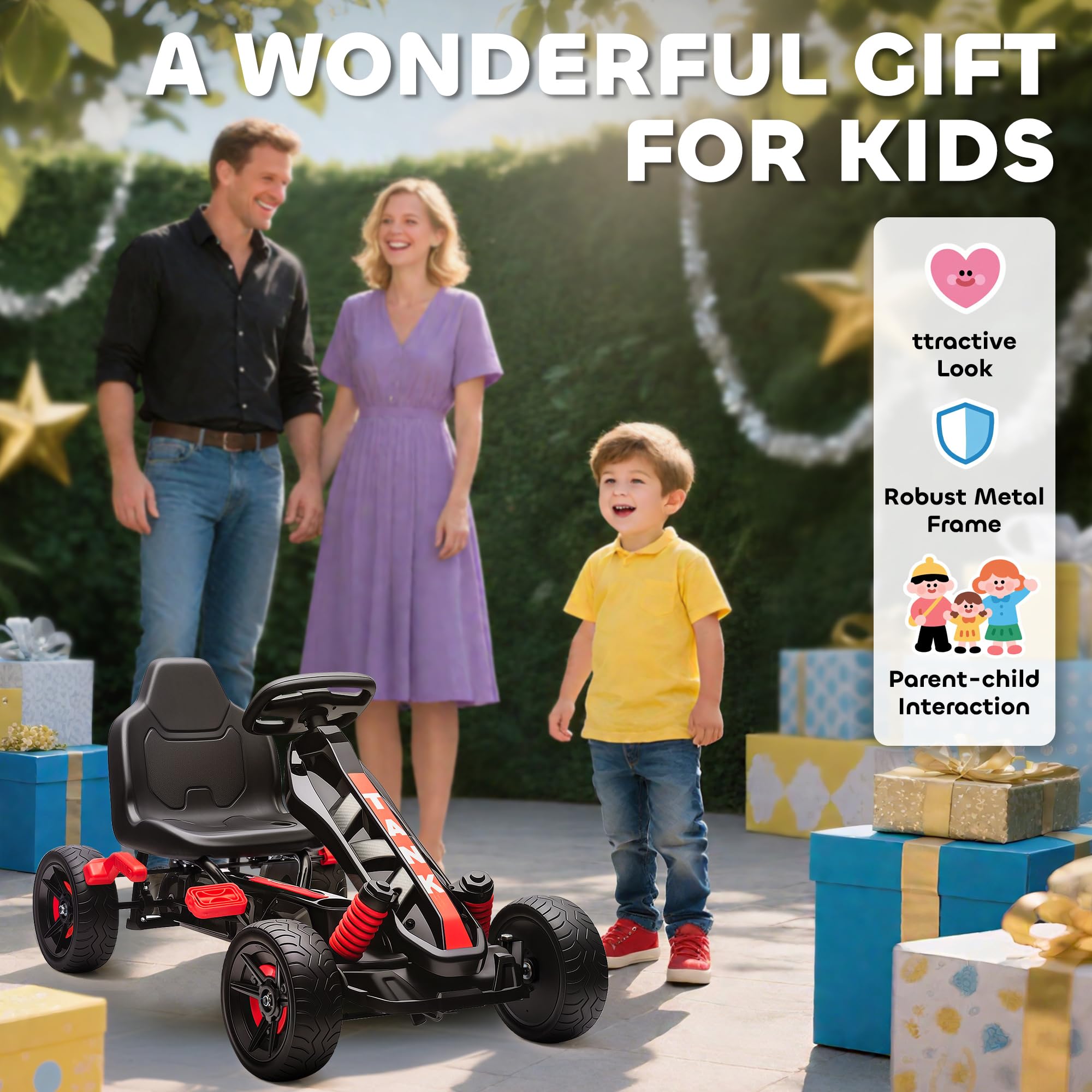 AIYAPLAY Pedal Go Kart, Ride on Racer with Freewheel System, Brake, Non-Slip EVA Wheels, Metal Frame, Go Kart for Kids Ages 3-6 Years, Pink