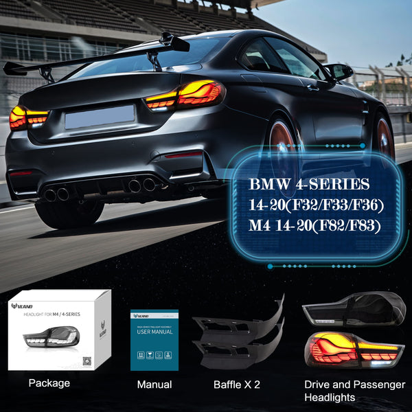 VLAND OLED Rear Tail Lights Compatible with 2014-2020 BMW M4, 4 Series Coupe/Convertible F32 F33 F82 F83/4 Gran Coupe F36,Tail Lights with Dragon Scale Sequential Indicators, Smoked
