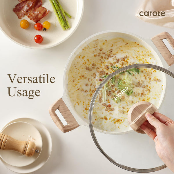 CAROTE Pots and Pans Sets Non Stick, 8 PCS White Granite Induction Hob Pan Set, Natural Non Toxic Cooking Cookware Set with Saucepan Set,Suitable for All Stoves