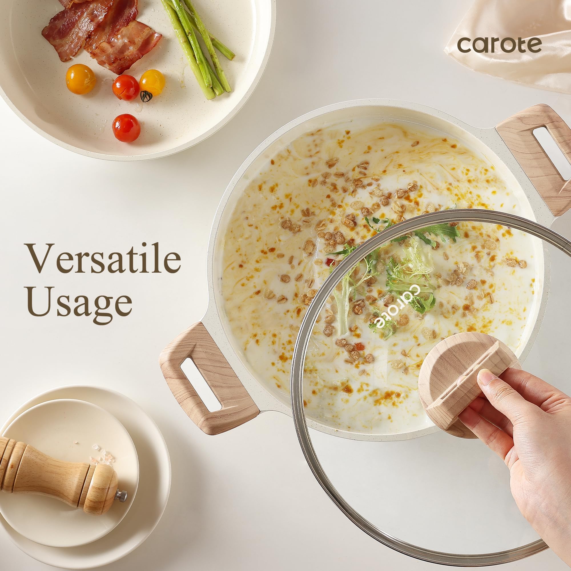 CAROTE Pots and Pans Sets Non Stick, 8 PCS White Granite Induction Hob Pan Set, Natural Non Toxic Cooking Cookware Set with Saucepan Set,Suitable for All Stoves