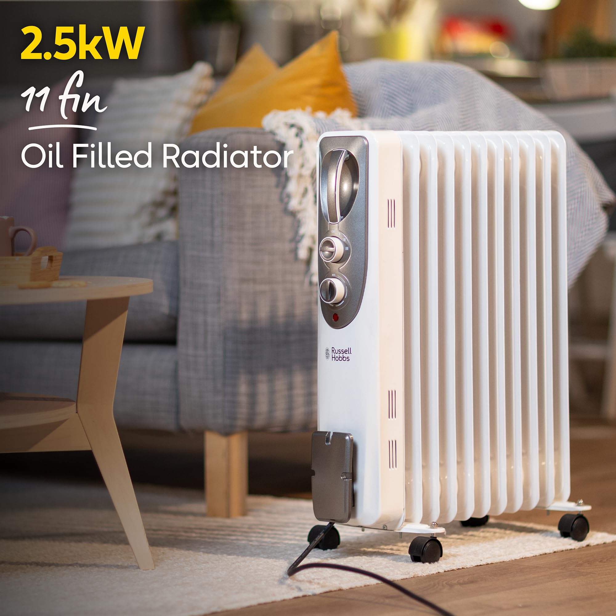 Russell Hobbs 2500W Oil Filled Radiator, 11 Fin Portable Electric Heater in White, Adjustable Thermostat with 3 Heat Settings, Overheat Protection,