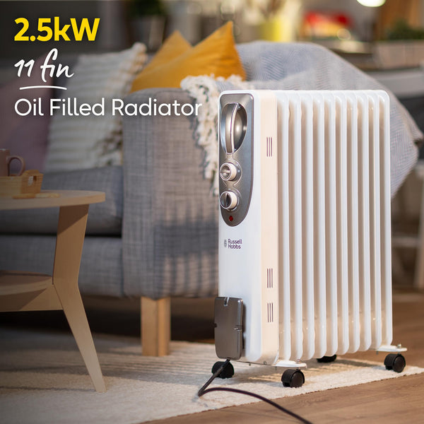 Russell Hobbs 1500W/1.5KW Oil Filled Radiator, 7 Fin Portable Electric Heater - White, Adjustable Thermostat with 3 Heat Settings, Safety Cut-off, 15 m sq Room Size, RHOFR5001, 2 Year Guarantee