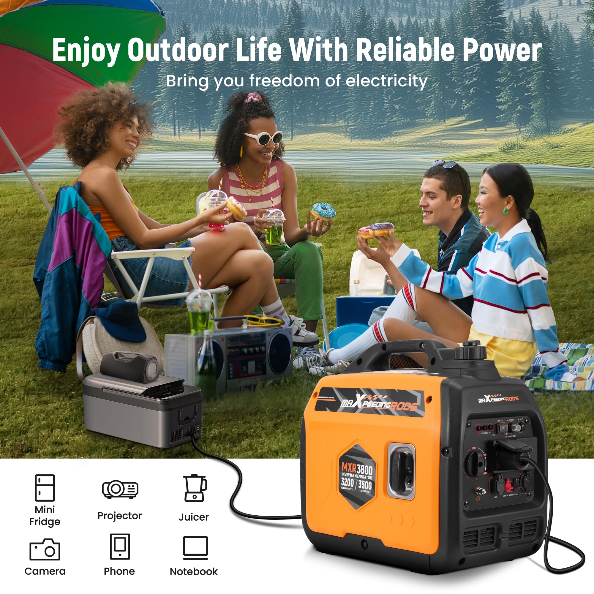maXpeedingrods 3500W Portable Inverter Generator Petrol Silent, 4 Stroke Sine Wave Generator, Compact and Lightweight for Camping, RV Travel,Home