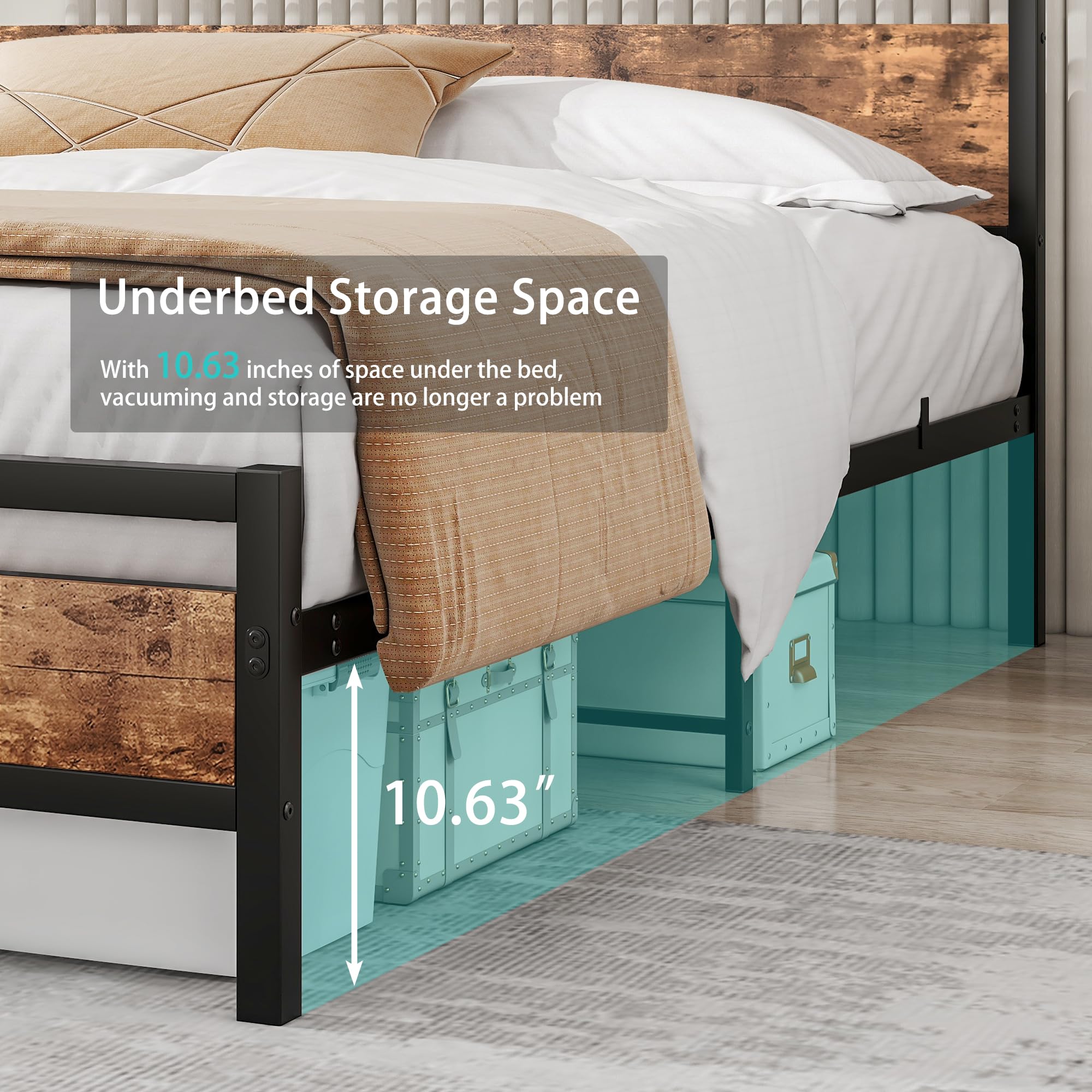 HOJINLINERO Double Bed Frame with Wooden Headboard,Heavy Duty Metal Platform Bed Frame Double Bed No Box Spring Needed,Mattress Base,Metal Slats