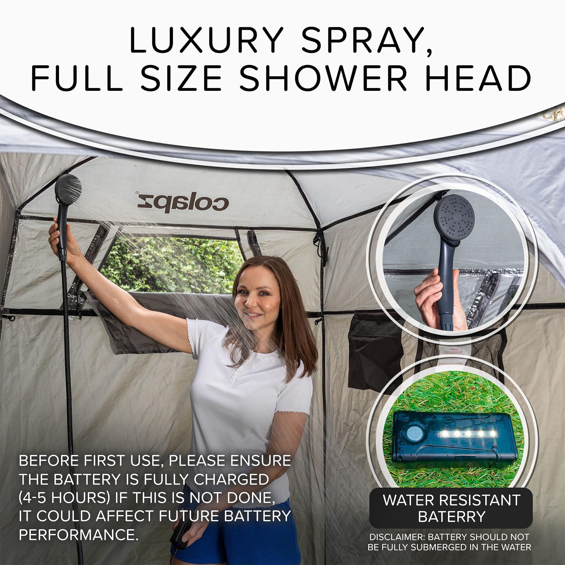 Colapz USB Rechargeable Camping Shower - Portable Shower for Dogs - High Pressure Jet Wash for Bikes - 1 Shower Head - 1 Jet Head - Carry Case Included - Campervan Essentials