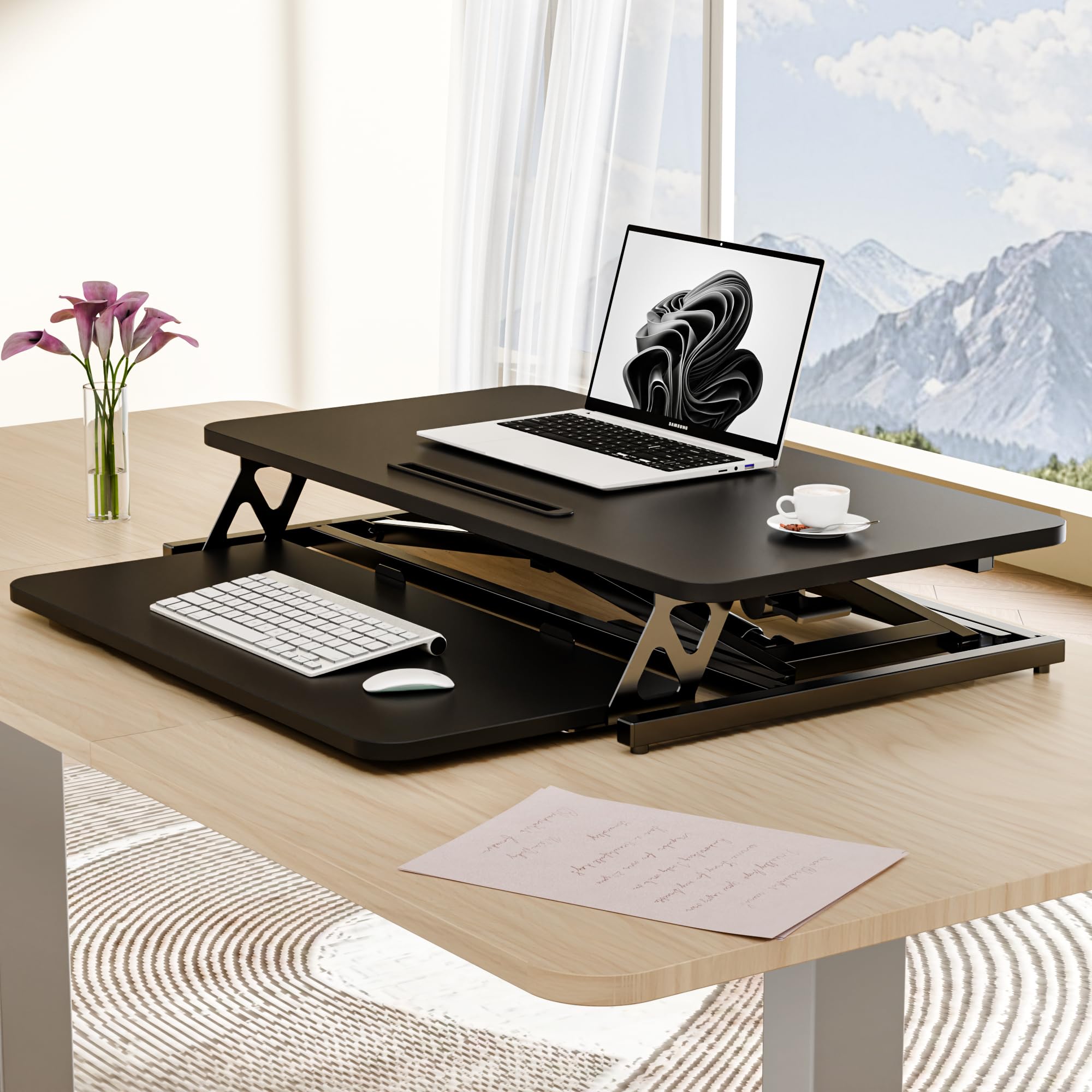 ERGOMAKER Height Adjustable Standing Desk Converter - 101cm (40 Inch) Wide Platform Tabletop Workstation - Quick Sit to Stand Desk Riser for Dual Monitors White