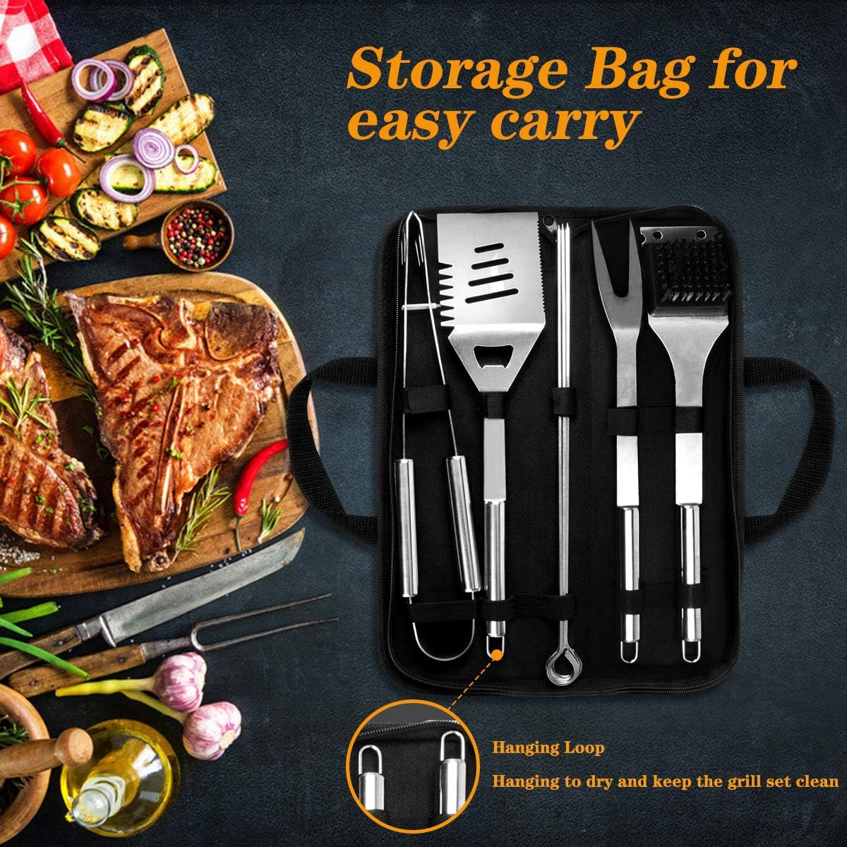 QH7 10 Pack BBQ Barbecue Tool Set, Stainless Steel Outdoor Barbecue Grill Utensils Set with Storage Bags for Picnics and Outdoor Activities