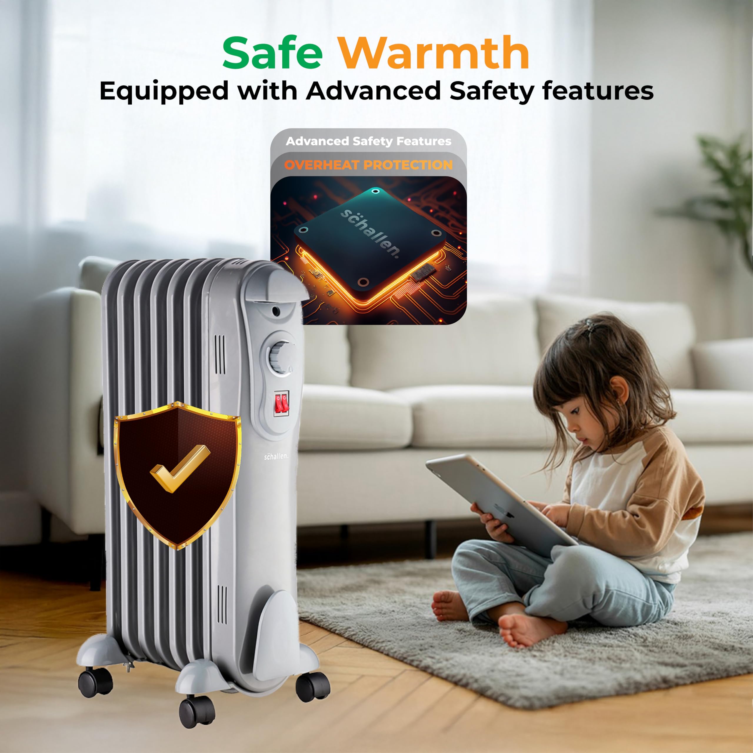 Schallen 1500W 7 Fin Portable Electric Slim Oil Filled Radiator Heater with Adjustable Temperature Thermostat, 3 Heat Settings & Safety Cut Off | 1.5Kw GREY