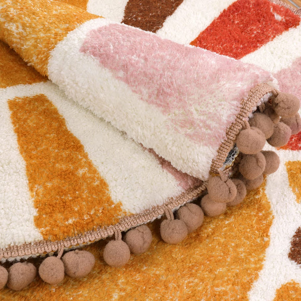 KIMODE Retro Sun Round Rugs Living Room 120cm, Non Slip Area Rugs for Bedroom Soft Machine Washable Rugs Living Room with Pom Poms Fringe Circle