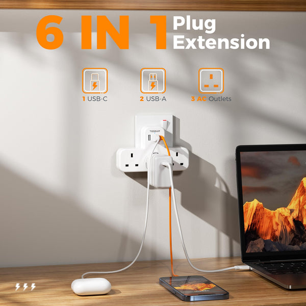 Plug Adapter, TESSAN Plug Extension Socket with 3 USB, 3 Way UK Multi Outlets Extender, Wall Charger for School Home, Kitchen, Office, School Supplies
