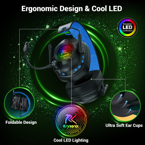 Krysenix KGH2 Wireless Gaming Headset for PS5, PS4, PC, Switch, 2.4GHz Bluetooth Wireless Headphones with Mic, Gaming & Music Dual Mode, ENC, Foldable, Cool LED, 40+ Hrs Battery, White Black