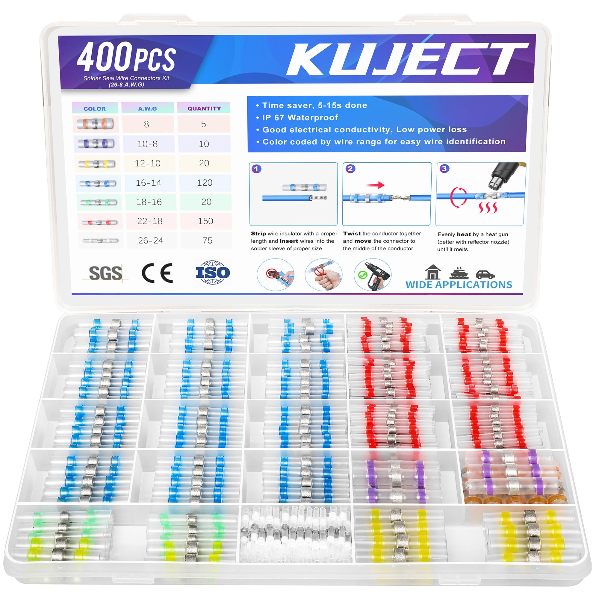 Kuject Heat-Shrink Tubing Set - 200 Pieces, Waterproof & Crimp Connector for Automotive, Marine & Boat