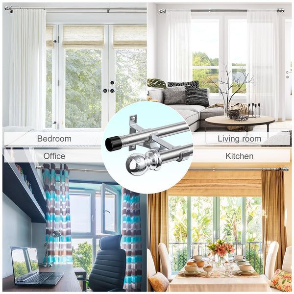 INFLATION Double Curtain Rods for Windows 76-368 cm, 2.5 cm Heavy Duty Double Window Rods - Adjustable Decorative Silver Curtain Rod for Sliding Glass