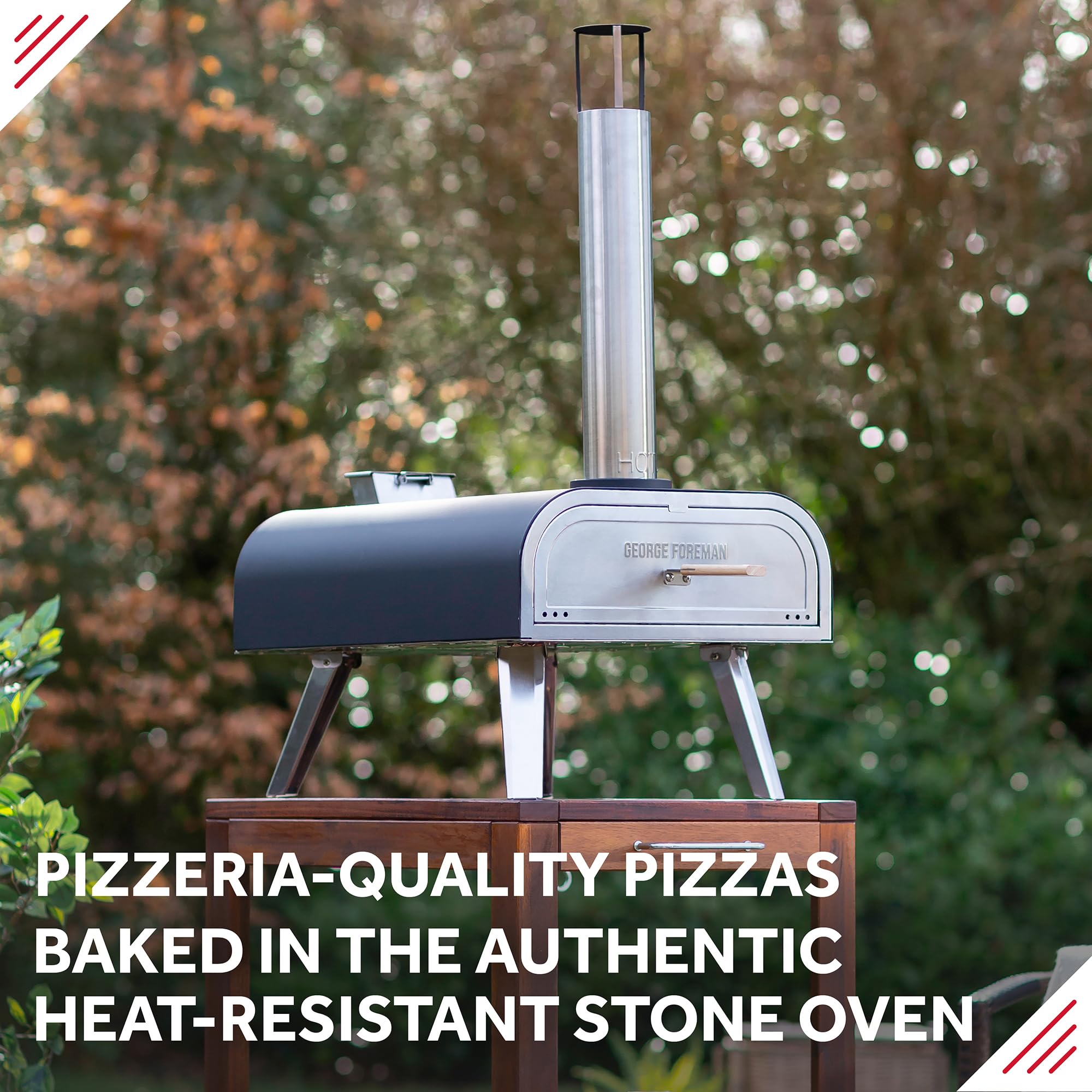George Foreman Outdoor 12 Inch Wood Pellet Portable Wood Fired Pizza Oven Stainless Steel with Paddle and Carry Bag, BBQ Oven & Smoker, Foldable Legs GFWPPO1SSPC