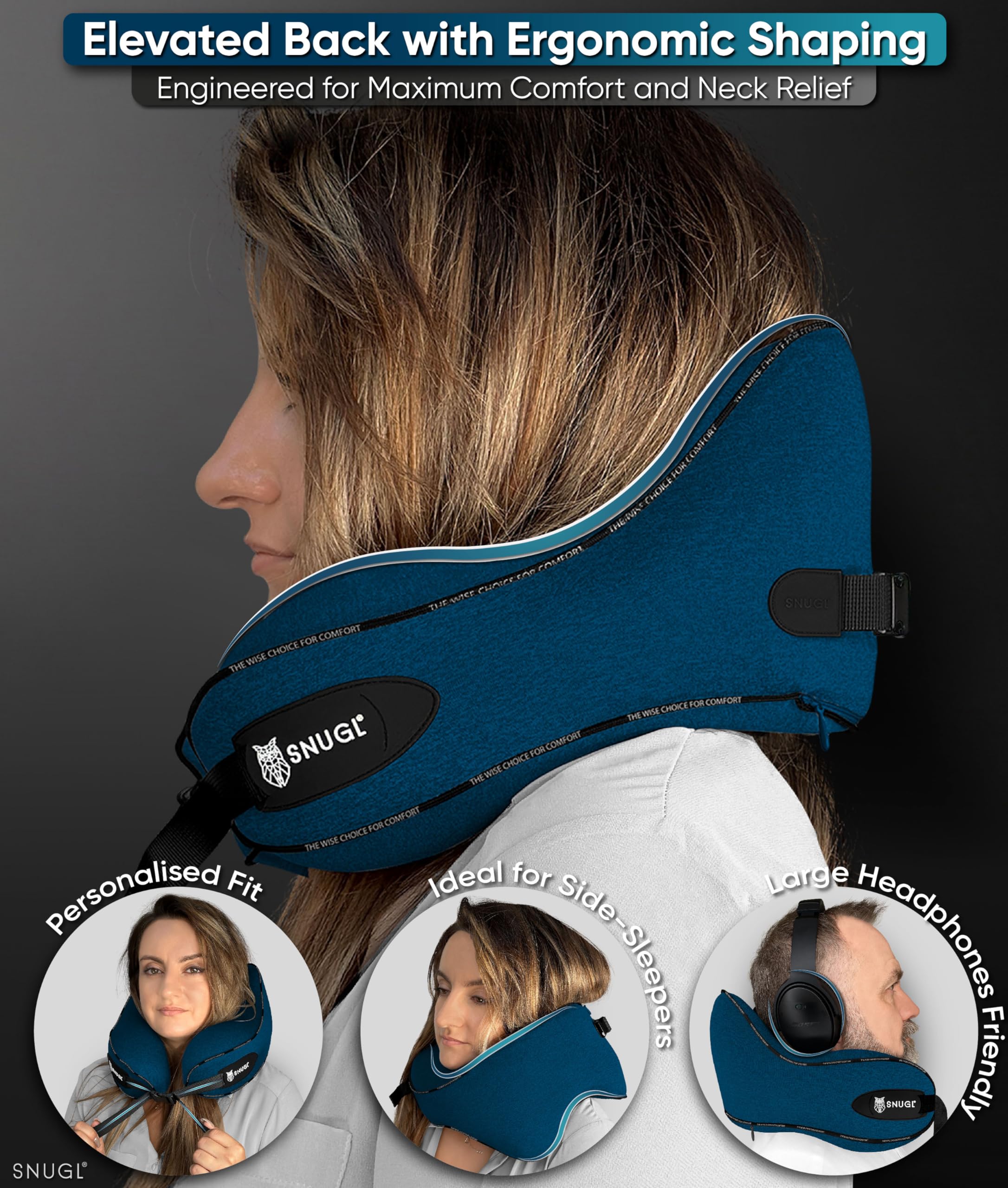 SNUGL Travel Pillow – Memory Foam Neck Pillow for Travel – Support Cushion for Airplane with Carry Bag & Clip - Holiday Essentials (Black - Adult Regular)