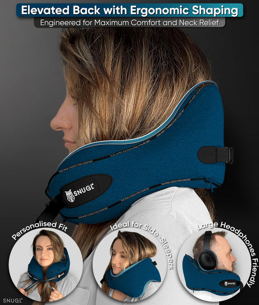 SNUGL Travel Pillow – Memory Foam Neck Pillow for Travel – Support Cushion for Airplane with Carry Bag & Clip - Holiday Essentials (Black - Adult Regular)