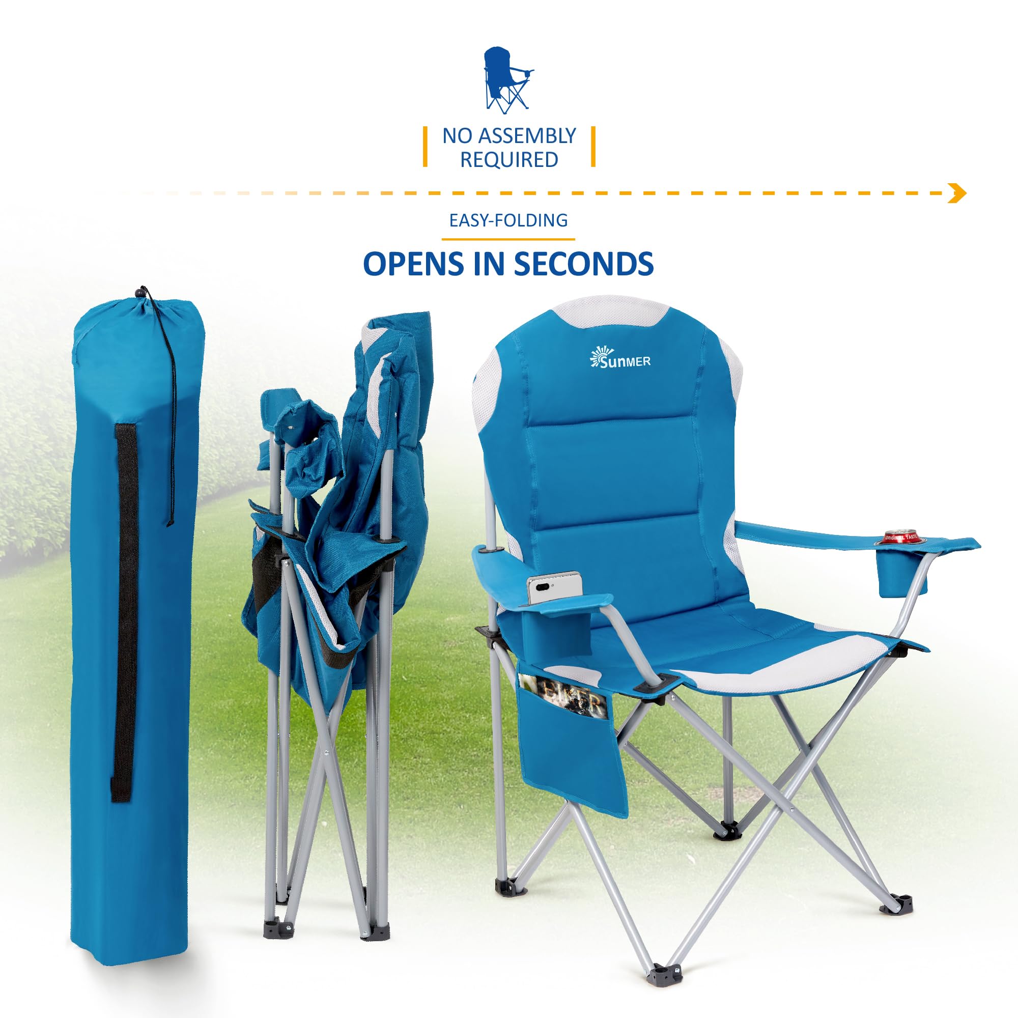 SUNMER Set of 2 Folding Camping Chairs, Extra-Wide Lightweight Outdoor Chairs with Armrests, Cup Holder and a Side Pocket, 120kg Capacity per Chair - Black