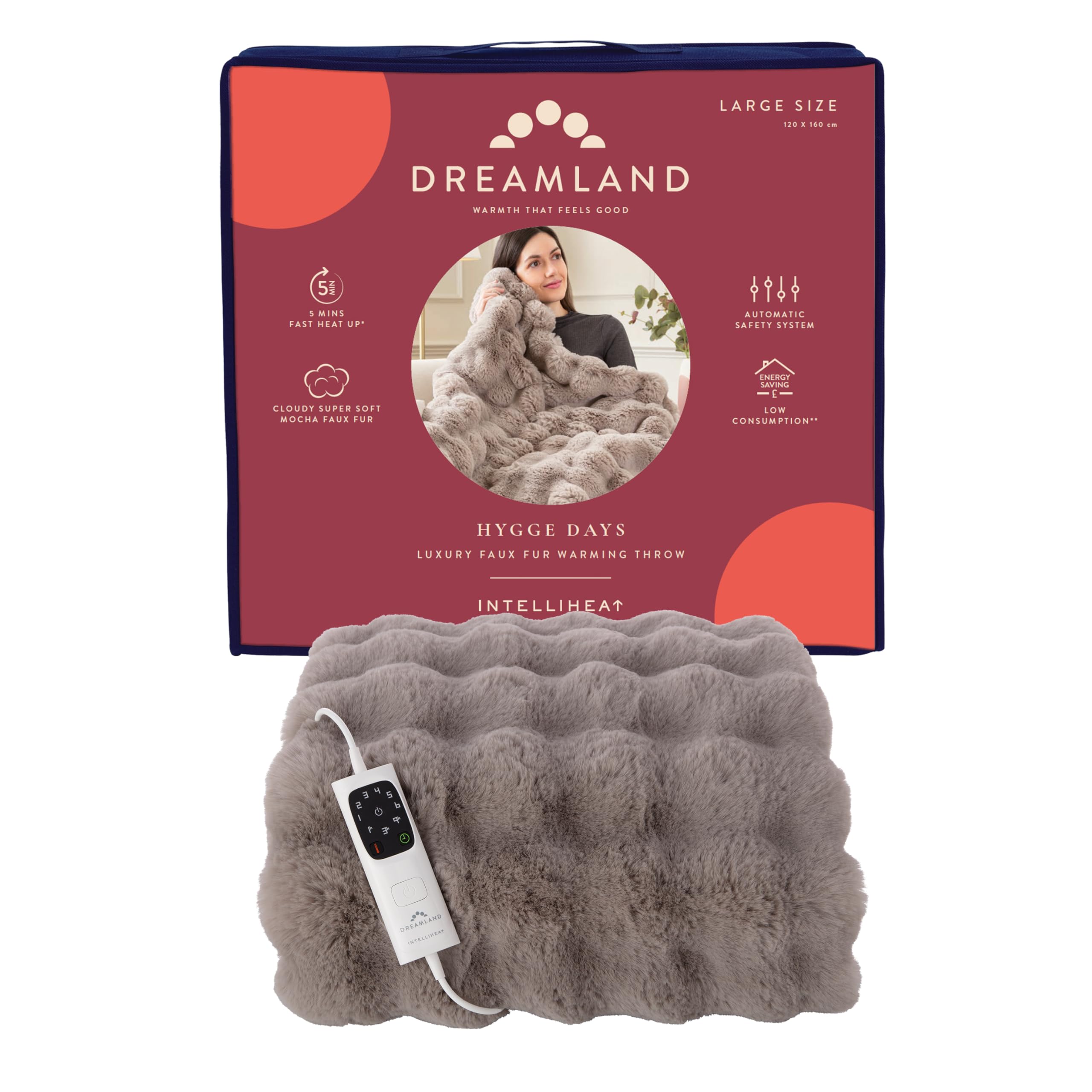 Dreamland Hygge Days Electric Blanket – Heated throw - Zebra, Luxury Faux Fur, 5-minute Fast heat up, 6 temperature settings, 1/3/9-hour auto timer, Electric throw, Machine Washable, 160x120cm