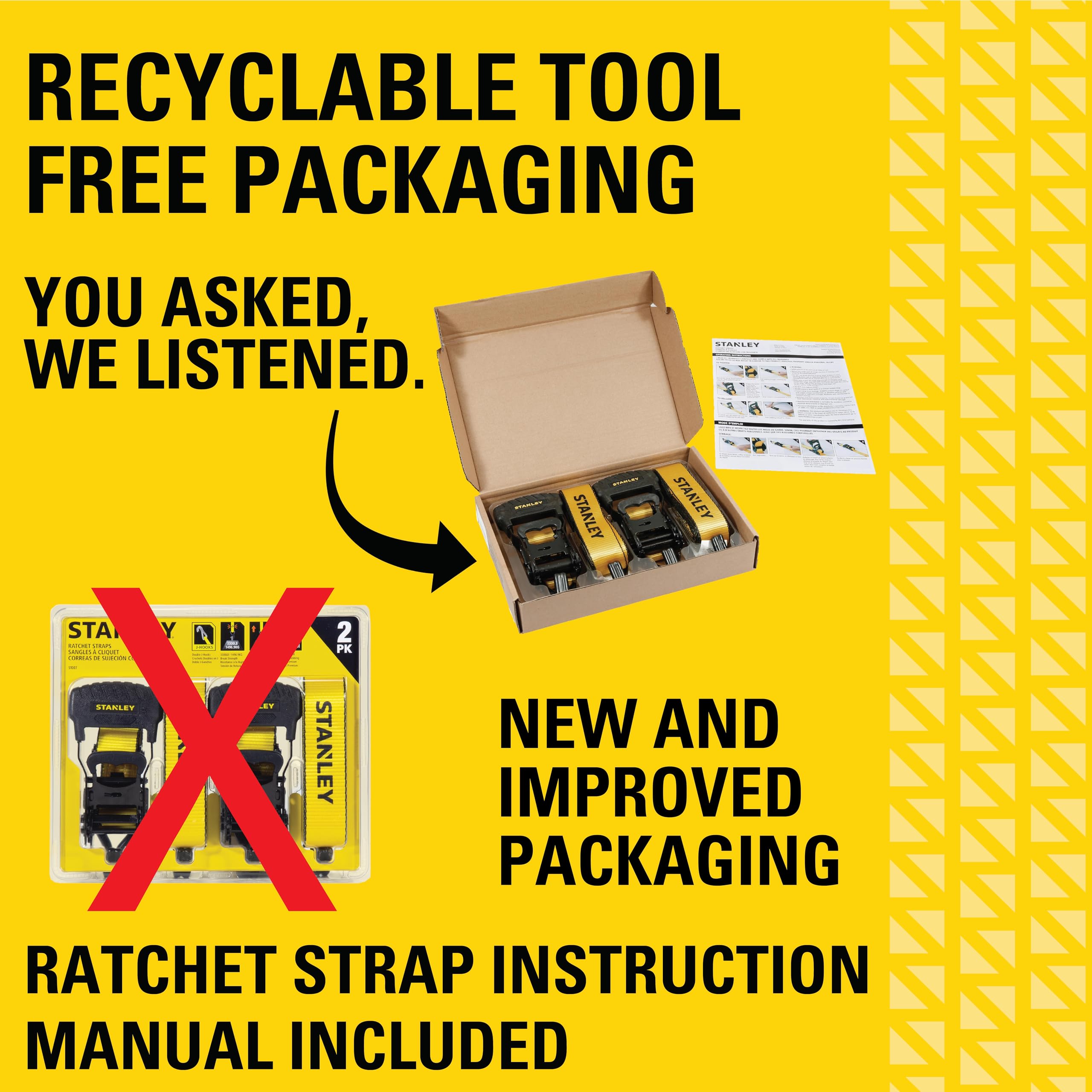 STANLEY S1007 Black/Yellow 1.5" x 16' Ratchet Tie Down Straps - 1,100 lb Safe Working Load / 3,300 lb Break Strength, 2 Pack