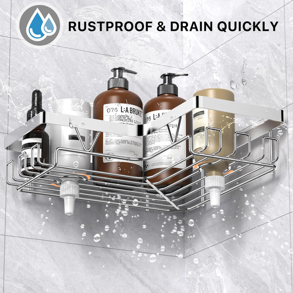 Kegii Telescopic Shower Caddy Corner - Stainless Steel Shower Shelf No Drilling Bathroom Caddy with Soap Holder and Hooks(White), On The Bath or Stand Up Shower