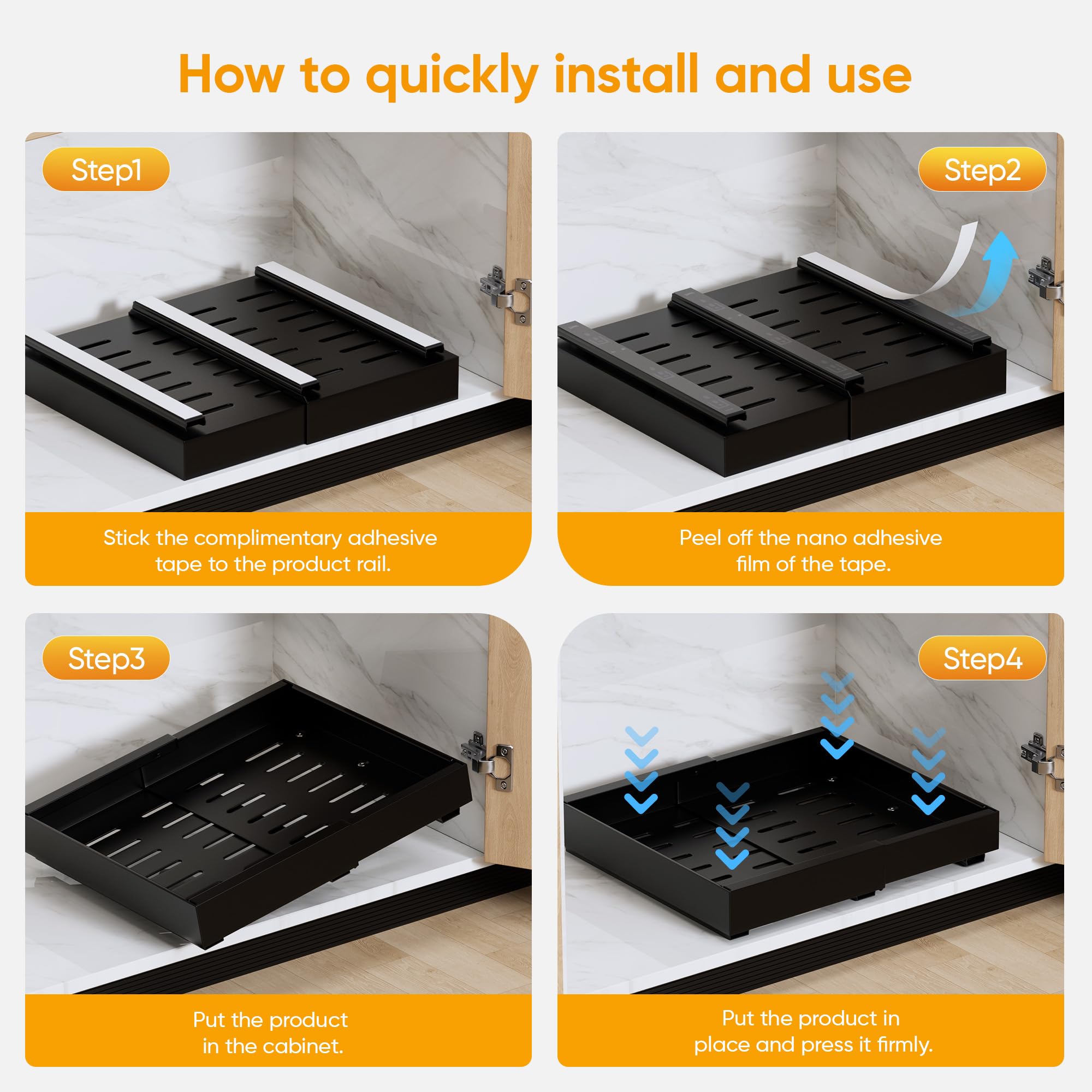 2 Pack Expandable Pull Out Cabinet Organizer Adhesive, Peel And Stick Slide Out Drawers for Kitchen Cabinets,Cabinet Pull Out Shelves For Kitchen