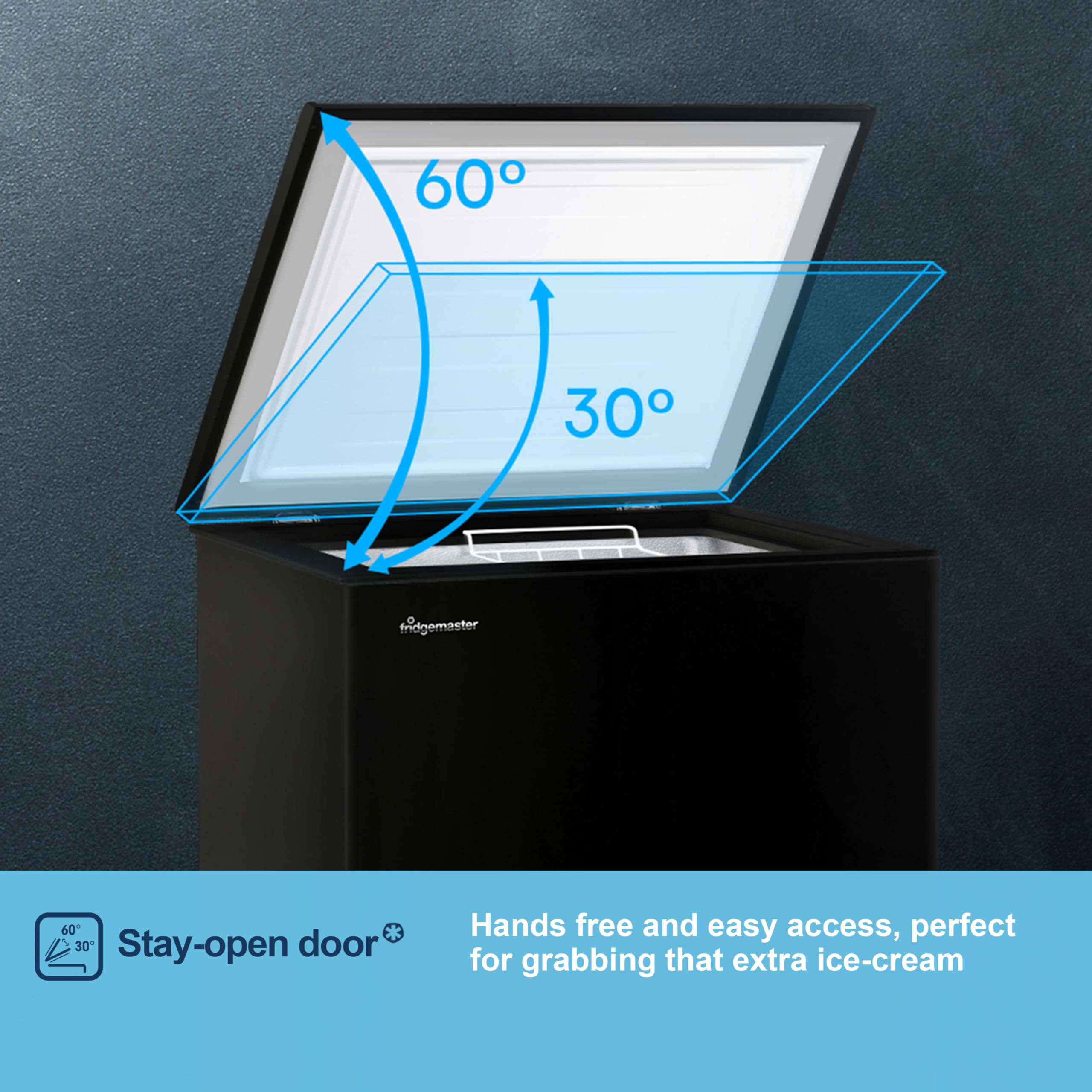 Fridgemaster MCF142EB 142L Chester Freezer 4 Star Freezer Rating - 55.9D x 62.5W x 85.4H cm Black with Recessed Handle - E Rated