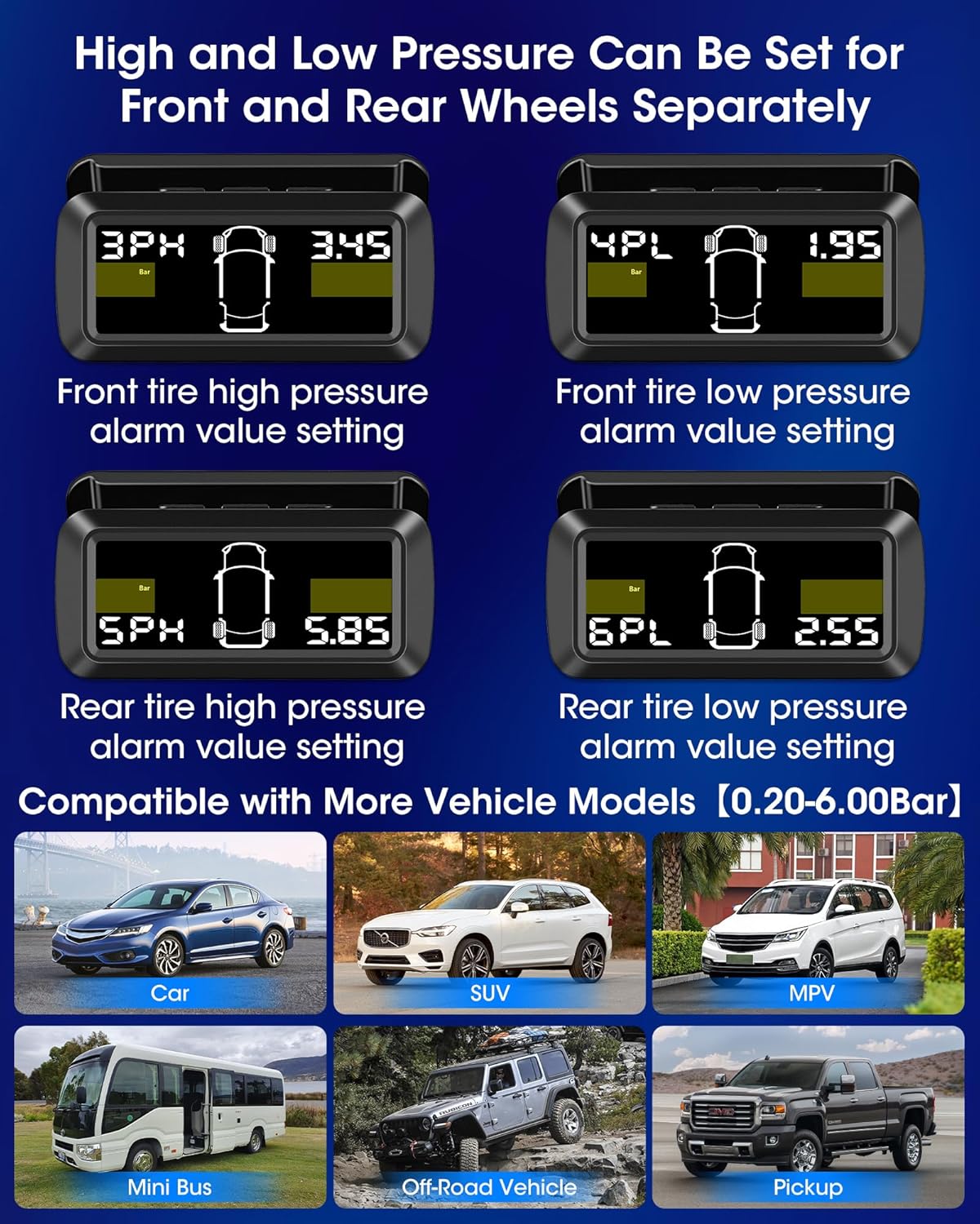 Jansite Upgraded TPMS Tyre Pressure Monitoring System Solar Wireless 4/2 Wheel Switch Modes Accuracy 0.01 Bar 21-87Psi Tyre Pressure Monitor 6 Alarm Mode with Detached Bracket and 4 External Sensors
