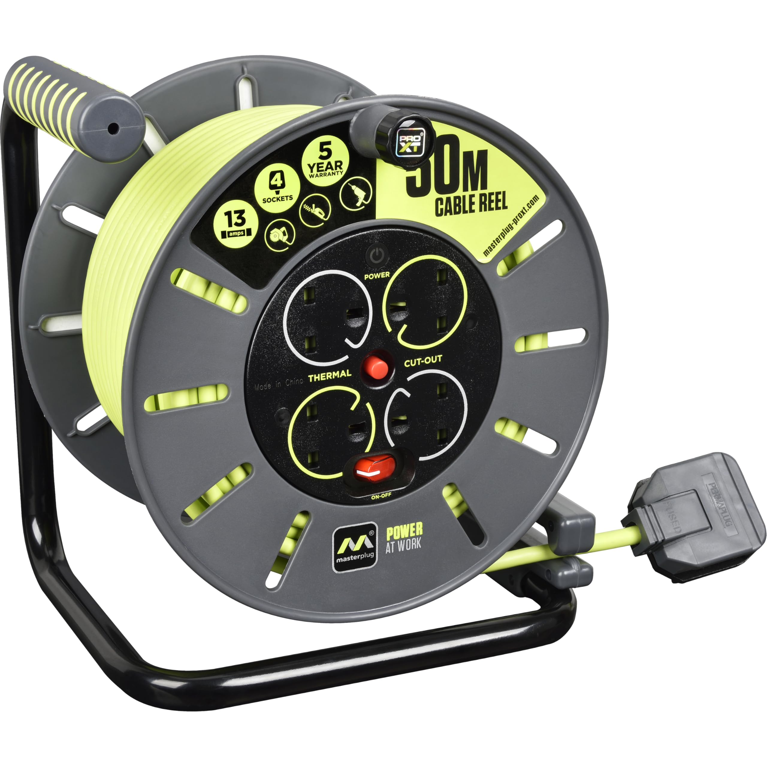 Masterplug Pro-XT Four Socket Open Cable Reel Extension Lead with Winding Handle, Thermal Cut Out and Power Switch, 25 Metres High Visibility Cable , Green
