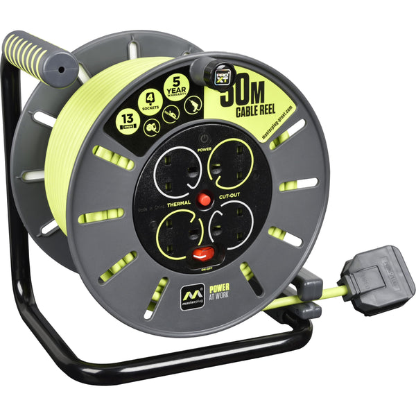 Masterplug Pro-XT Four Socket Open Cable Reel Extension Lead with Winding Handle, Thermal Cut Out and Power Switch, 25 Metres High Visibility Cable , Green