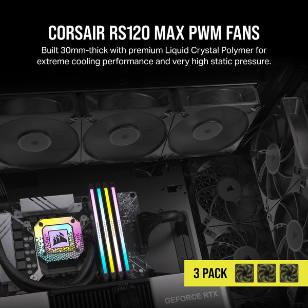 Corsair RS120 MAX 120mm PWM Thick Fans – High Static Pressure – Liquid Crystal Polymer Construction – Triple Pack – Black