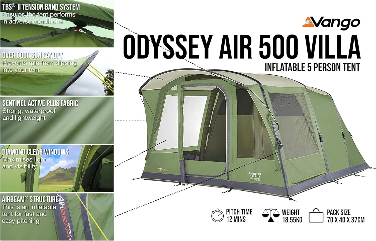 Vango Airbeam Odyssey Air 500 Villa Tent [Amazon Exclusive], 5 Man Inflatable Tent with Pump, Sun Canopy, Easy Pitch Family Camping, Epsom Green