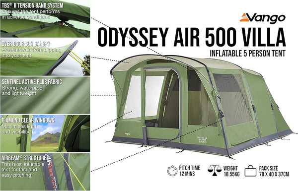 Vango Airbeam Odyssey Air 500 Villa Tent [Amazon Exclusive], 5 Man Inflatable Tent with Pump, Sun Canopy, Easy Pitch Family Camping, Epsom Green