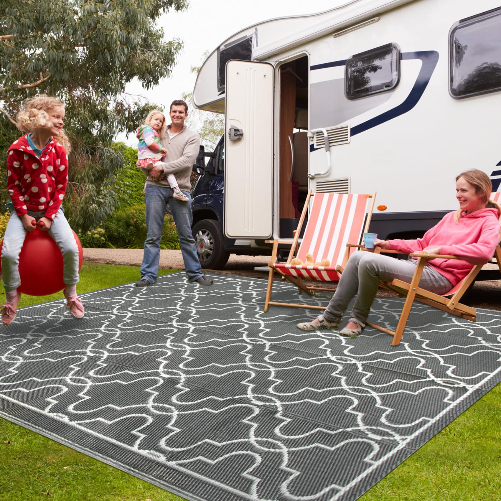 Cekene Large Outdoor Rug Waterproof Black 245x305cm Patio Rugs Reversible RV Camping Mat Lightweight Plastic Portable Outdoor Carpet for Picnic Porch Deck Backyard BBQ Beach