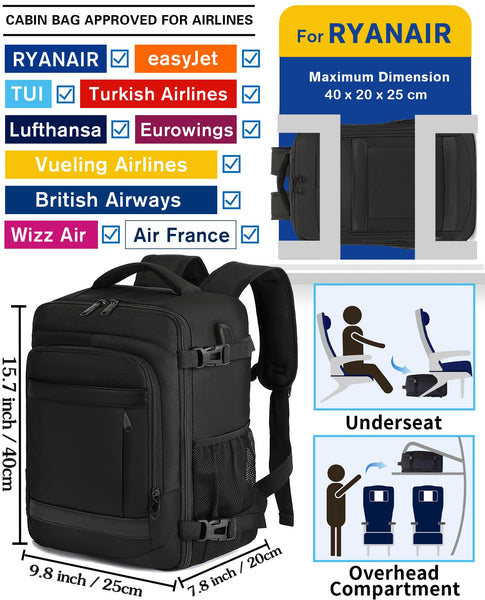 KLOSTAIN for Easyjet Cabin Bag 45x36x20 Travel Backpack Hand Luggage Carry-ons Bag Laptop Backpack Ruscksack for Airplanes Flight New Easyjet Underseat Cabin Bags Fit 14" Laptop Navy