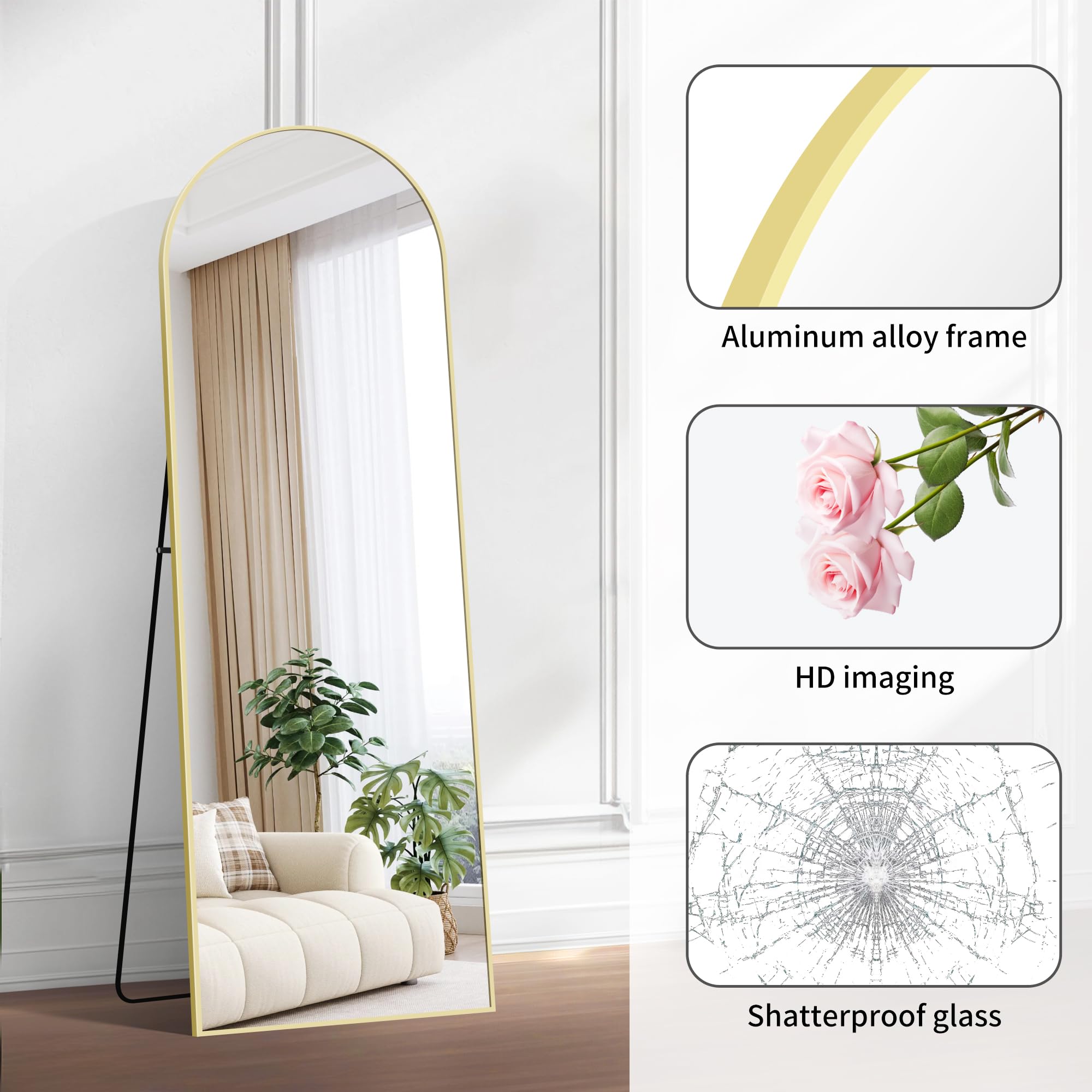 BONEWEI Arched Full Length Mirror, 161x52cm Full Body Free Standing Mirror Gold Aluminium Frame, Large Floor Mirror Standing Hanging or Leaning