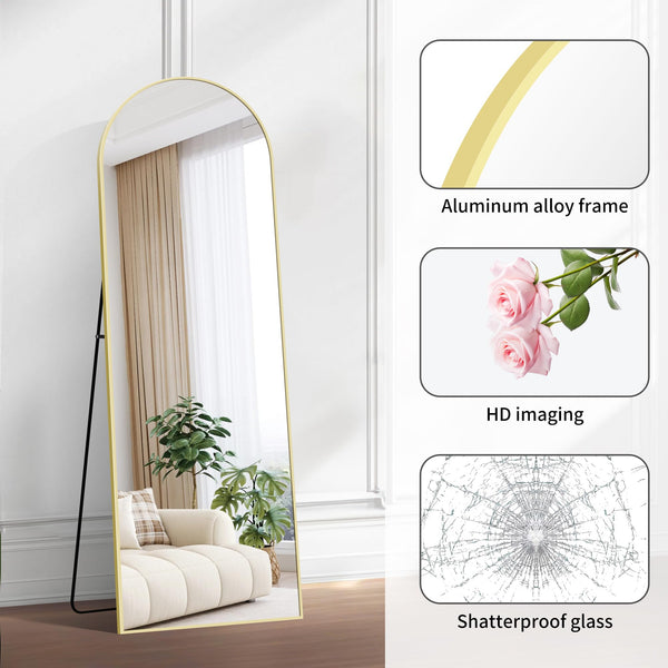 BONEWEI Arched Full Length Mirror, 161x52cm Full Body Free Standing Mirror Gold Aluminium Frame, Large Floor Mirror Standing Hanging or Leaning