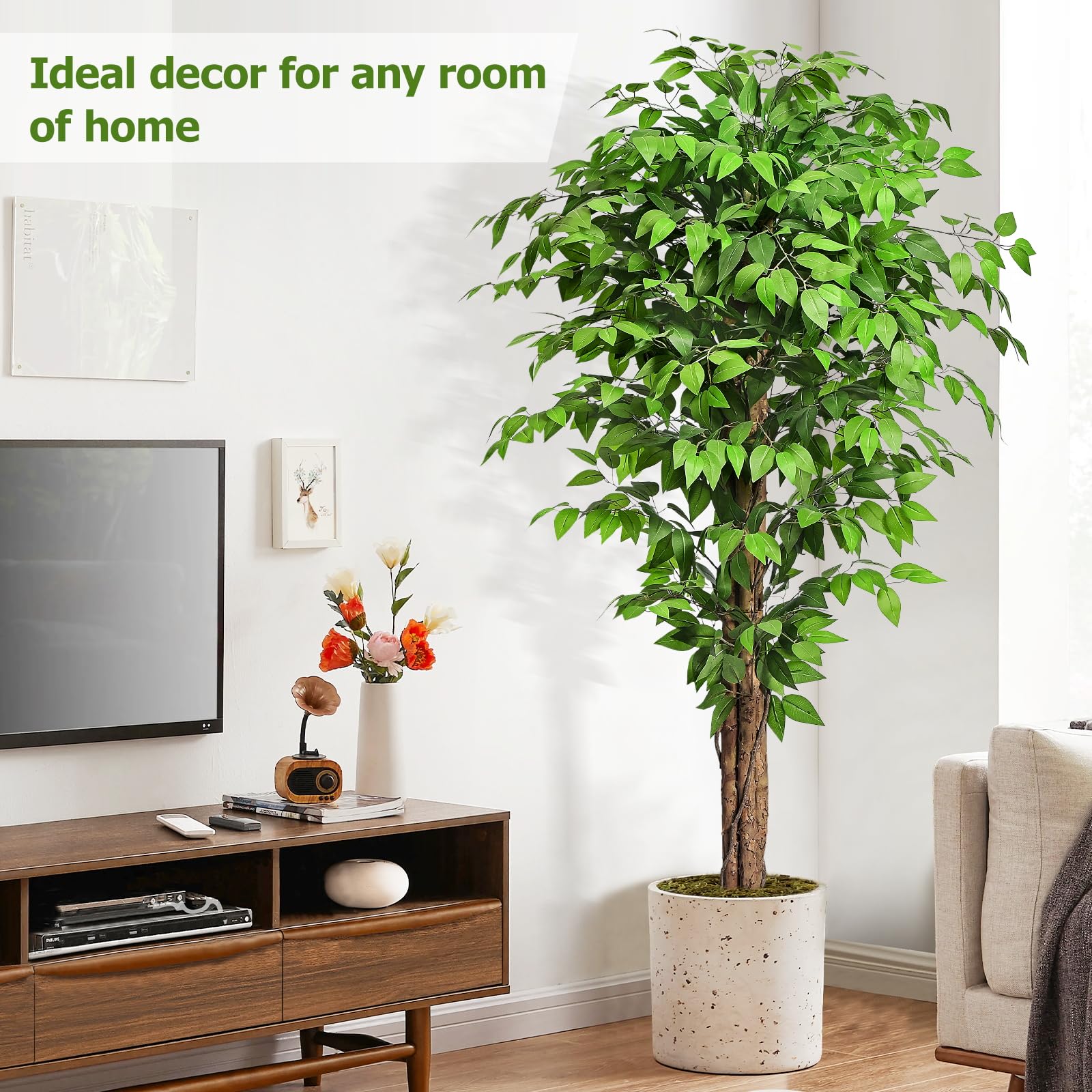 Keeplush 6ft Ficus Artificial Trees with Natural Curved Trunks, 180cm Tall Artificial Plants Tree for Indoor, Fake Ficus Tree Green Lifelike Home