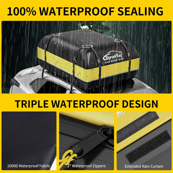 Car Roof Box, 21 Cubic Feet Roof Bag, 1000D Waterproof Heavy Duty Tear-Resistant Fabric, Rooftop Cargo Carrier for All Vehicle with/without Racks, Included Luggage lock, Anti-Slip Mat, 6 Door Hooks.